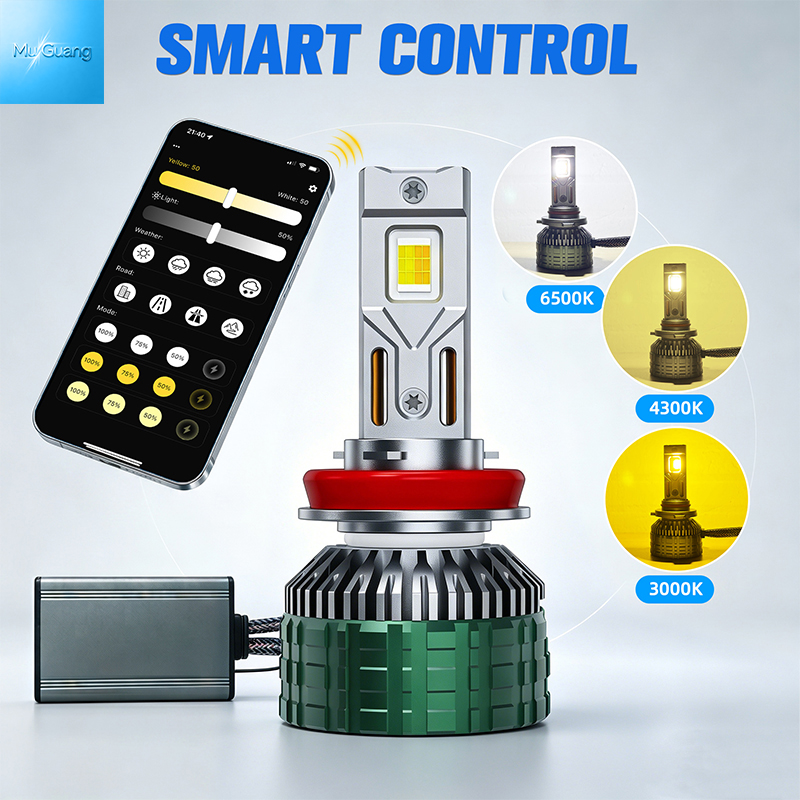 Super Bright 85W LED Headlight Bulb Three 3000K/4300K/6000K Colors APP Smart Control No Dazzling Oncoming Cars