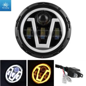 7-inch New V-style LED headlight for Harley/Jeep Wrangler – Off-road modification with Angel Eyes and Daytime Running Light (DRL)