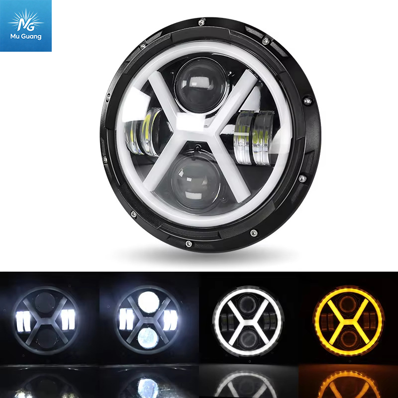 7-inch LED Motorcycle Headlight for Harley/Jeep Wrangler – X-Style V-Shape Design (White/Yellow Light with DRL) – Factory Direct Sale - Image 2