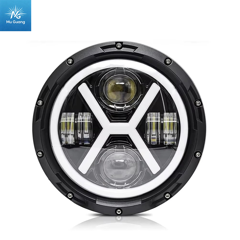 7-inch LED Motorcycle Headlight for Harley/Jeep Wrangler – X-Style V-Shape Design (White/Yellow Light with DRL) – Factory Direct Sale - Image 4