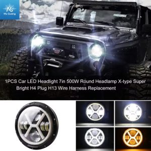 7-inch LED Motorcycle Headlight for Harley/Jeep Wrangler – X-Style V-Shape Design (White/Yellow Light with DRL) – Factory Direct Sale