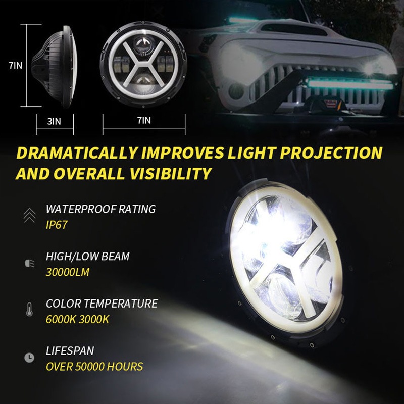 7-inch LED Motorcycle Headlight for Harley/Jeep Wrangler – X-Style V-Shape Design (White/Yellow Light with DRL) – Factory Direct Sale - Image 6