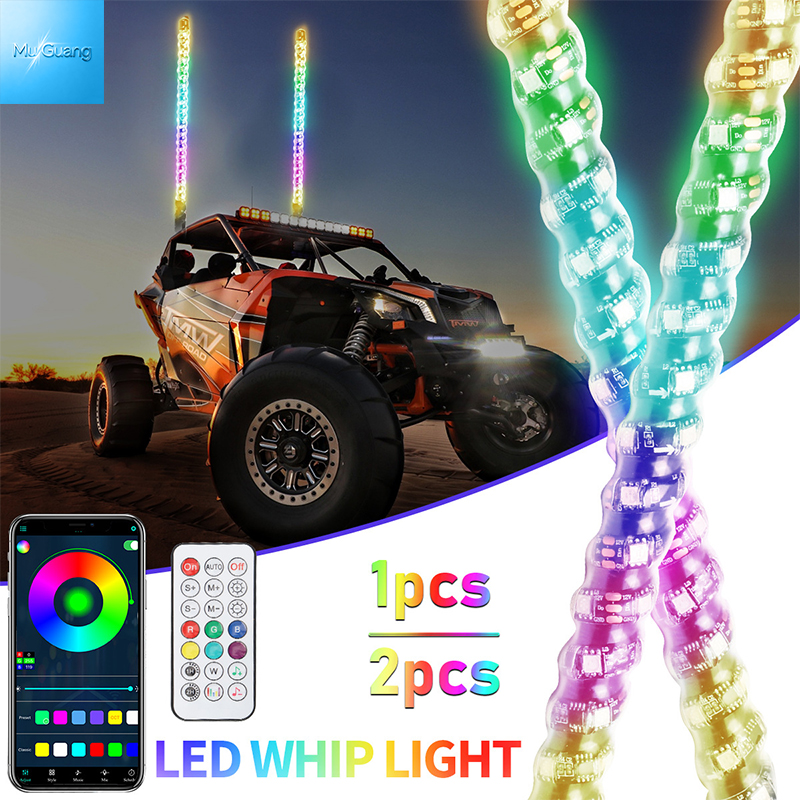 RGB LED Whip Light Spiral Dream Color Antenna Flag Lights with APP & Remote Control for UTV ATV RZR Off‑Road Truck